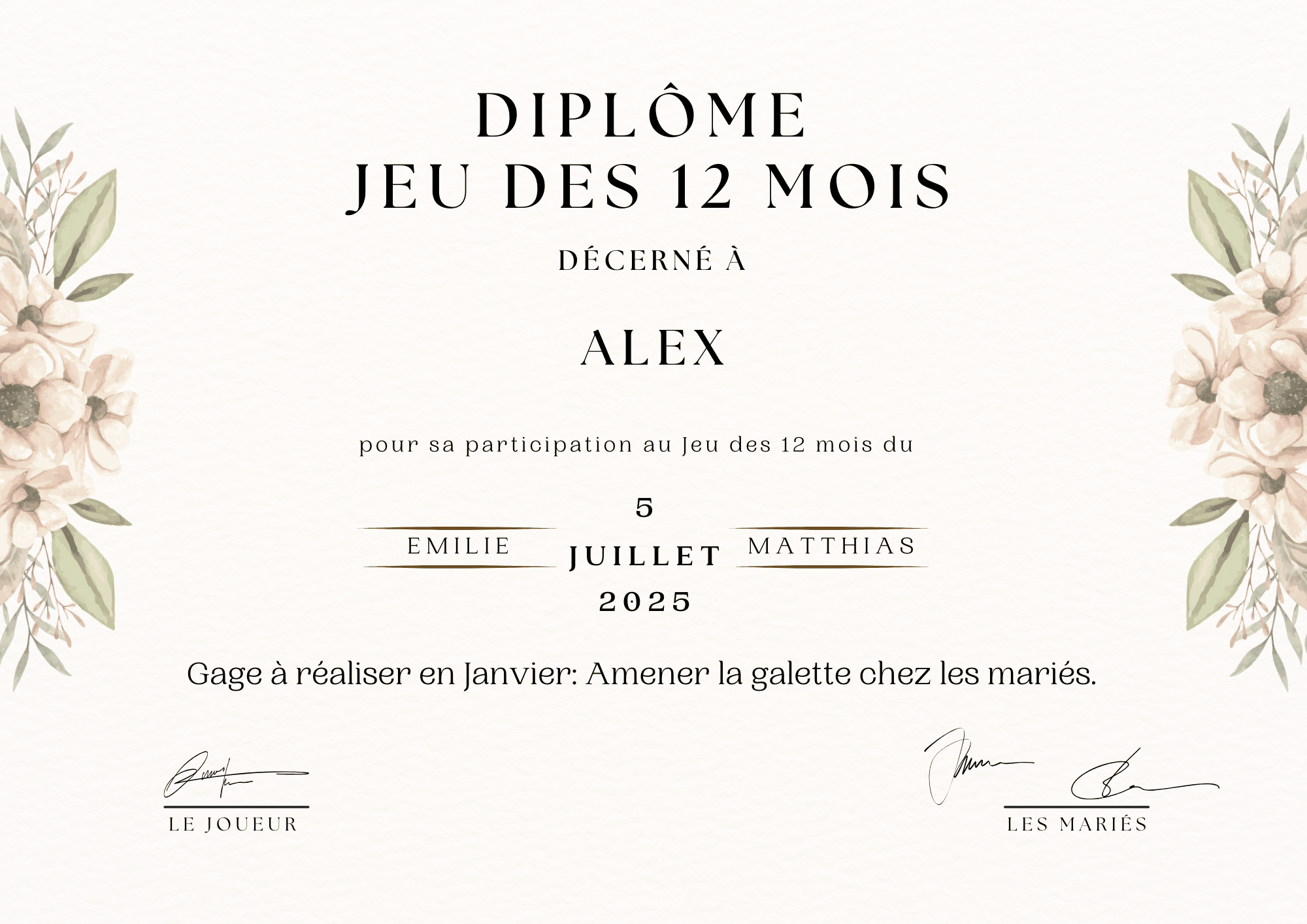 5 variantes de diplôme du jeu des 12 mois à imprimer gratuit